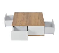 Table basse 70/70/31,5 cm blanc et noyer en panneaux de particules avec 3 tiroirs