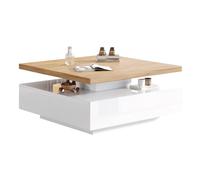 Table basse 70/70/36 cm blanc et noyer en panneau de particules pivotante 360°