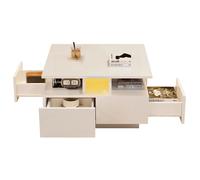 Table basse 70/70/40 cm blanche en panneaux de particules avec LED et 4 tiroirs