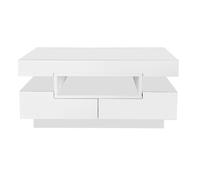 Table basse 80×50×36 cm laquée blanche avec bande LED réglable - rangement intégré