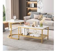 Table basse aspect marbre - Table d'appoint pour salon - 2 Niveaux Rangement - Diamètre 52 + 80x46 cm - Grande table rectangulaire