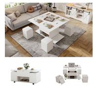 Table Basse avec 4 Tabouret, multifonctionnelle 3 en 1, Convertible en table à manger, Rangement Caché et Ouvert, Hauteur réglable
