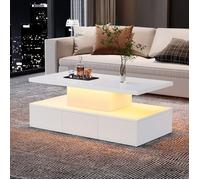 Table basse avec éclairage LED et tiroirs, table de salon laquée brillante, petite table d'appoint avec présentoir ouvert, blanc