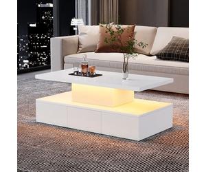Table basse avec éclairage LED et tiroirs, table de salon laquée brillante, petite table d'appoint avec présentoir ouvert, blanc
