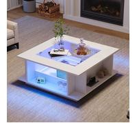Table Basse avec éclairage LED, Table Basse Carrée avec Plateau en Verre, Haute Brillante, Table D'appoint, Table de Salon, Blanc