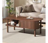 Table basse avec porte roulante, compartiment ouvert, surface MDF, noyer | Table d'appoint Skandi avec espace de rangement, porte coulissante et pieds en bois, idéale pour les petits salons et les