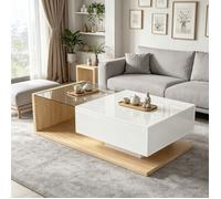 Table basse blanc brillant bois 105x55x32 5cm verre trempé LED 16 couleurs rangement panneau particules salon