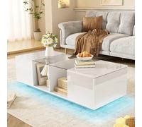 Table basse blanche avec éclairage led, plateau en verre et rangements 120 x 50 x 38,5 cm
