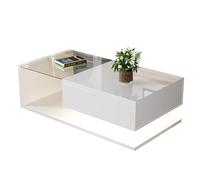 Table basse blanche brillante avec plateau en verre et éclairage LED 16 couleurs, table de salon moderne avec compartiment de rangement, table d'appoint rectangulaire pour salon, table basse stable