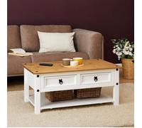 Table basse CAMPO en Bois Massif Blanc et Brun rectangulaire avec 2 Tiroirs et 1 Étagère