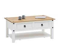 Table basse CAMPO rectangulaire en pin massif blanc et brun avec 2 tiroirs, dim 100 x 45 x 60 cm