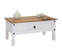 Table basse CAMPO table d'appoint rectangulaire en pin massif blanc et brun avec 1 tiroir, meuble de salon style mexicain en bois