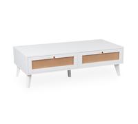 Menzzo Table Basse Dalgora 120 cm Blanc à 2 tiroirs avec cannage - Meuble Salon Design Naturel Chic - Table Basse rectangulaire Moderne Bois et rotin