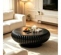 Table Basse cannelée Artisanale - Finition Peinture Cuite, A Black 35.43in | Tables centrales d'appoint à tambour Farmous, avec socle antidérapant stable et robuste, pour le balcon du salon