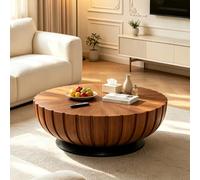 Table Basse cannelée Artisanale - Finition texturée Bois, B Brown 35.43in | Tables centrales d'appoint à tambour Farmous, avec socle antidérapant stable et robuste, pour le balcon du salon