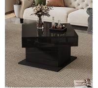Table basse carré, 70x70x45 cm, Table basse relevable avec 1 tiroir, Librement à 360 °, Table basse de salon, Rangement caché, Noir