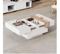 Table basse carrée 70×70×39 cm plateau extensible avec rangement caché, Panneaux de particules, Blanc