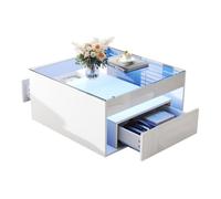 Table basse carrée 70x70x35 cm laquée brillante blanche 2 tiroirs verre trempé éclairage LED salon console design moderne