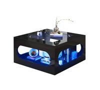 Table Basse Carrée 70x70x35 cm, LED, Plateau En Verre Trempé, Centre Ajouré, MDF, Noir