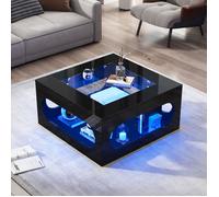 Table Basse Carrée 70x70x35 cm, LED, Plateau En Verre Trempé, Centre Ajouré, MDF, Noir Brillante
