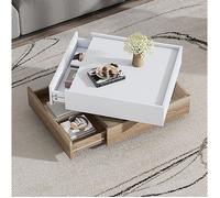 Table basse carrée avec plateau pivotant 360° et 2 tiroirs - ELVMI - Blanc et noyer, panneaux de particules, Salon, 60×60×38 cm
