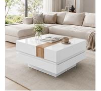 Table basse carrée avec plateau relevable coulissant, rangement caché et 2 compartiments, blanc brillant 70×70×39 cm - UVRION