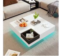 Table basse carrée blanche haute brillance avec LED et un boîte de rangement amovible noir. 72 x 72 x 30 cm