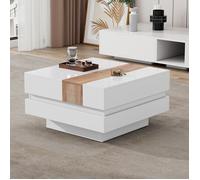 Table basse carrée de salon 70x70x39 cm, plateau extensible avec rangement caché, blanc et bois