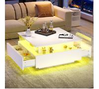 Table Basse Carrée,Équipée de LED,2 Tiroirs Fonctionnels et Vitrine en Acrylique,Finition Laquée Brillante,70x70x41 cm,Blanc