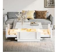 Table Basse Carrée Moderne avec LED - 70x70x35 cm - Blanc Haute Brillance, Séparations Acrylique et 2 Tiroirs pour Petit Salon