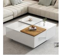 Table basse carrée moderne en bois blanc brillant avec plateau 75x75x33,5 cm, petit plateau coulissant, max. 30kg de charge