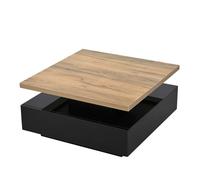 Table Basse Carrée Pivotante 360°-2 Niveaux Rangement Intégré-70x70x36cm Bois Naturel Noir Panneaux de Particules Salon