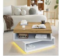 Table basse carrée pivotante 360°avec éclairage LED rangement design blanc bois table d'appoint multi usages petit espace 65x65x40cm