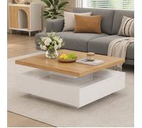 Table Basse Carrée Pivotante 360° Blanc Laqué et Noyer avec Tiroir et Rangement pour Salon 70x70x36 cm
