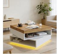 Table Basse Carrée Pivotante 65 cm avec LED et Rangement Ouvert, Table de Salon Blanc et Bois Moderne