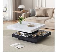 Table basse carrée rotative 360° avec double niveau et rangement ouvert, blanc brillant et noir 70×70×36 cm - UVRION