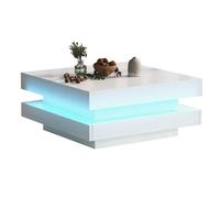 Table Basse Carrée Rotative à 360° avec LED - MEUNIQ - Laquée Brillante, Panneaux de Particules, Blanc, 70×70×36 cm
