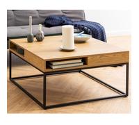 Table basse carrée Willford, en mélamine avec décor en chêne et cadre métallique noir.