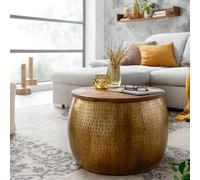 Table basse coffre ronde 60x60x40 cm en manguier et fer doré