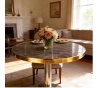 Table basse d'appoint ronde de salon grise effet marbre avec structure dorée