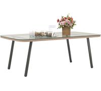 Table basse de jardin avec plateau verre trempšŠ 5 mm, table d'appoint pour extšŠrieur, cadre en acier, effet bois naturel