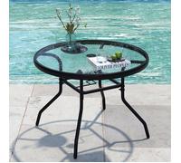 Table Basse de Jardin Extérieur Intérieur COSTWAY Plateau en Verre Trempé, Trou pour Parasol, Cadre en Métal, Table de Bistrot Rond