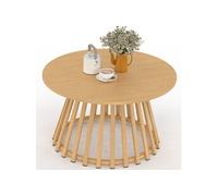 Table basse de jardin ronde 70 cm SOLAL avec pied lattes en métal effet bois