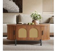 Table basse de salon avec 3 porte coulissantes, Table basse ovale en rotin, 100x50x40cm, Finition grain bois, Pieds métal, Rangement