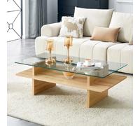 Table basse de salon rectangulaire double niveau, avec rangement, en verre trempé et MDF