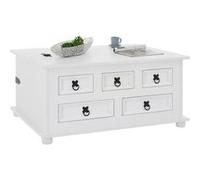 Table basse de salon TEQUILA coffre malle de rangement rectangulaire en bois style mexicain avec 5 tiroirs pin massif lasuré blanc