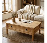 Table basse de salon TEQUILA plateau rectangulaire en bois style mexicain avec 1 grand tiroir, en pin massif teinté et ciré