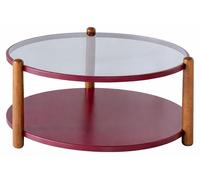 Table basse de style moderne, marron et rouge, plateau en verre, pieds et cadre en bois