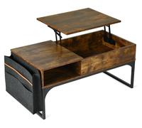 Table basse de style rétro – Plateau réglable en hauteur – 2 compartiments de rangement discrets – Bois brun et métal noir