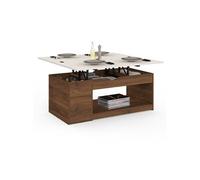 IDMarket - TABLE BASSE PLATEAU RELEVABLE ELEA | RECTANGULAIRE, CONVERTIBLE EN TABLE A MANGER, 100 CM, EFFET NOYER ET PLATEAU TRAVERTIN